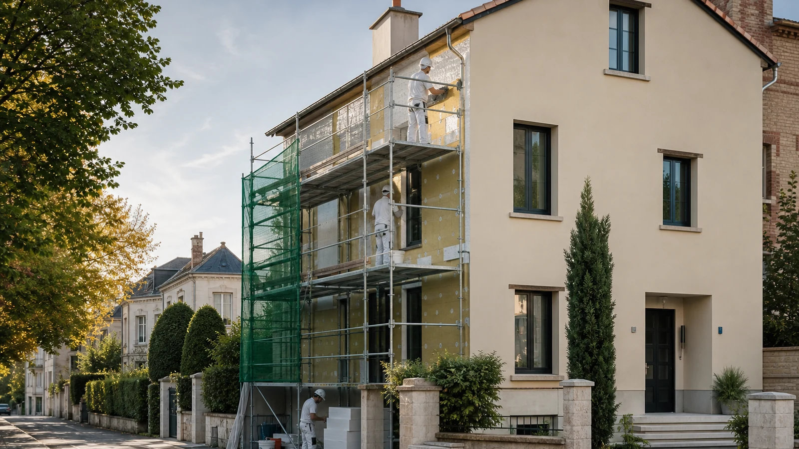 Maison de Nancy en cours d’isolation extérieure avec façade partiellement achevée