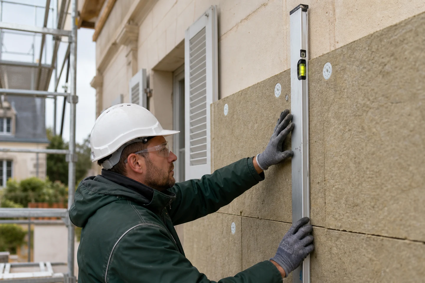 Façadier alignant des panneaux isolants avant la finition sous enduit