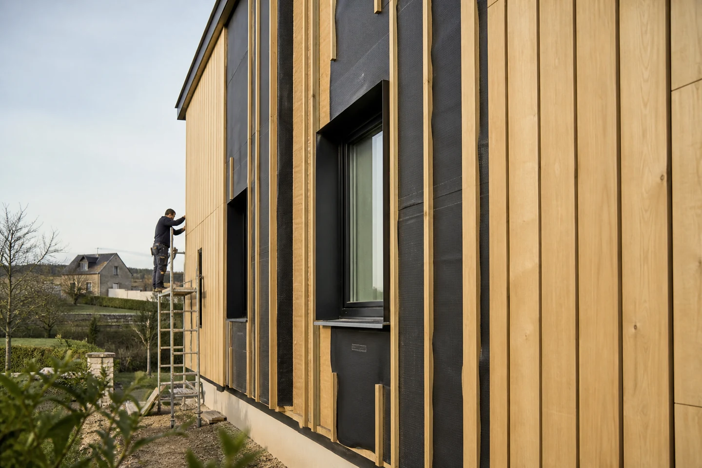 Pose d’une ossature ventilée et d’un bardage bois devant l’isolant extérieur