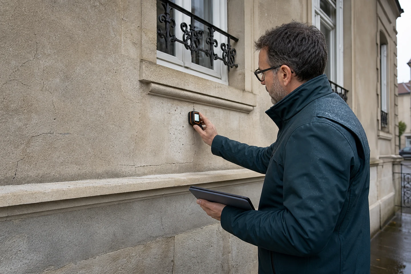 Professionnel examinant l’humidité et les fissures d’une façade ancienne