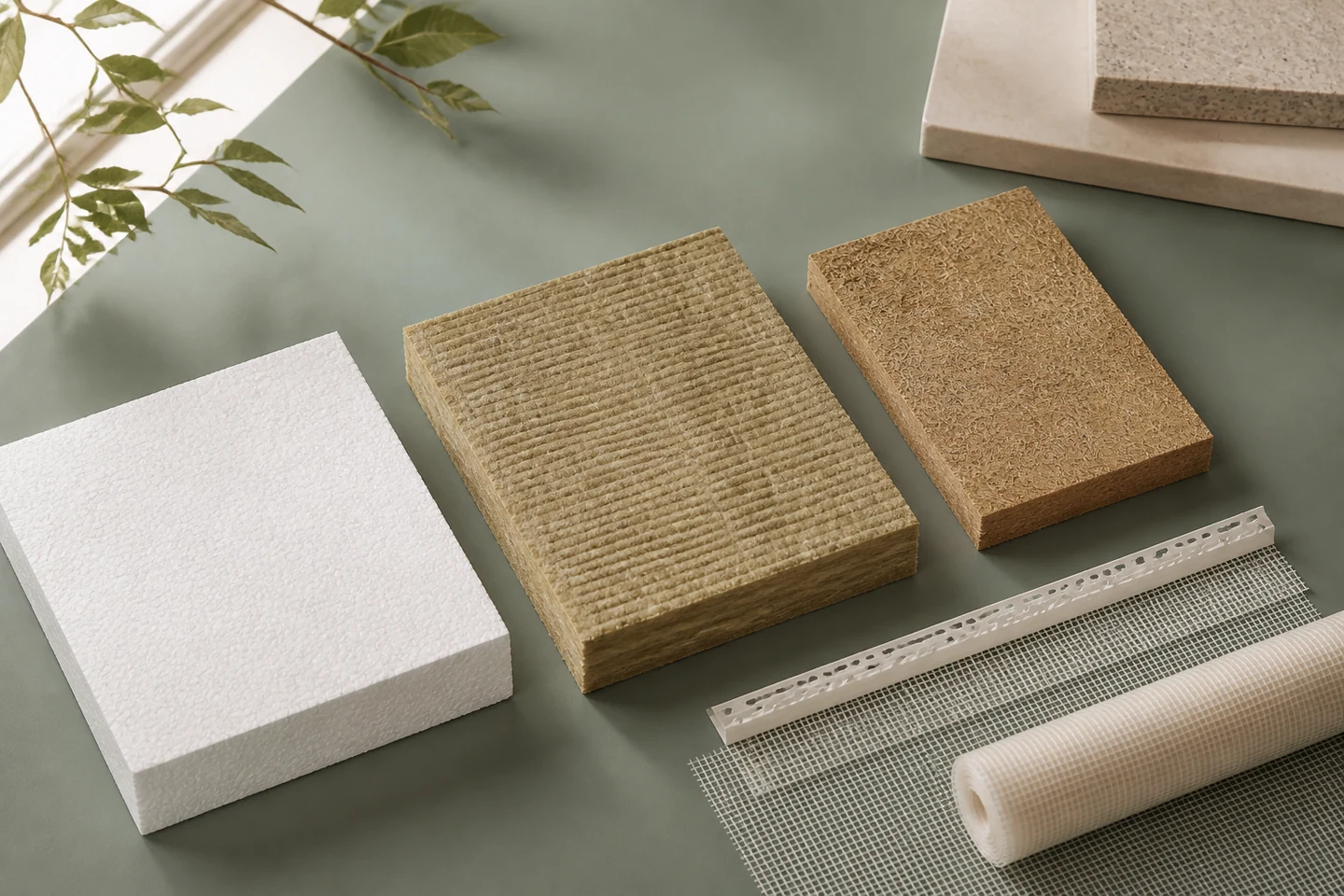 Échantillons de PSE, laine minérale, fibre de bois, treillis, enduit et bardage