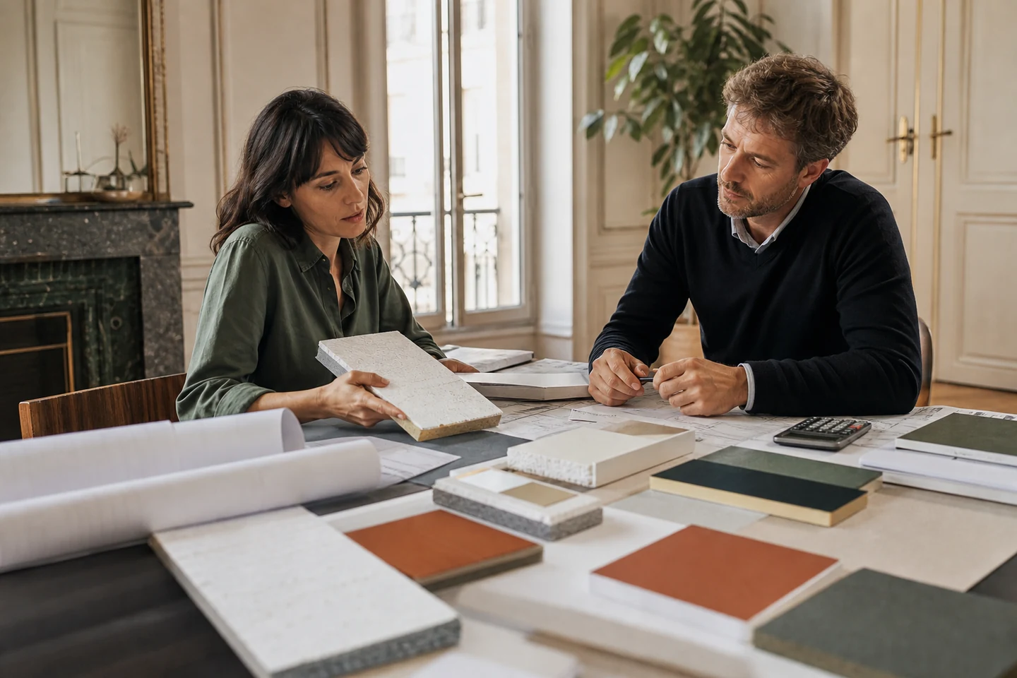 Propriétaire étudiant le chiffrage d’une isolation extérieure avec un professionnel
