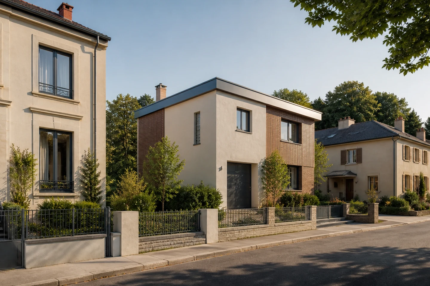 Rue réunissant maison de ville, pavillon et habitat lorrain aux façades rénovées